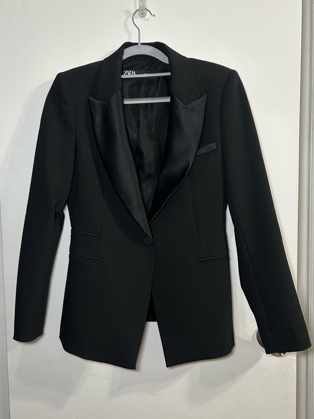 Zara Black Satin-Trim Single-Button Blazer